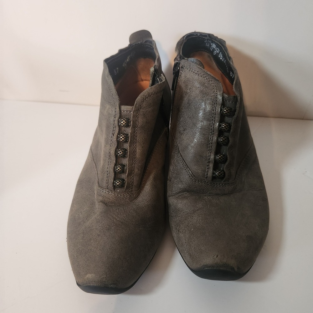 1920s inspired Grey Leather Button Front Ankle Boots Side Zip Block Heel Size 37